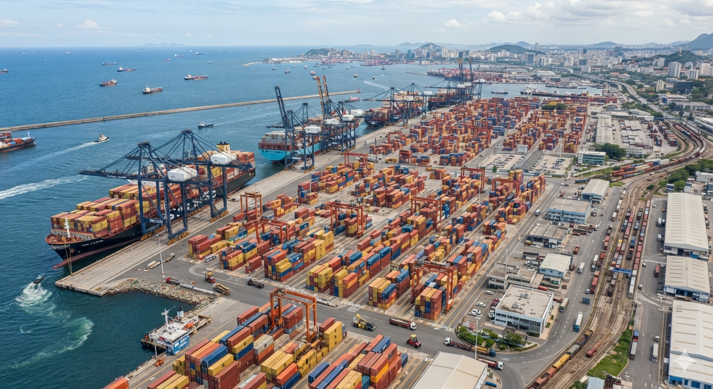 Aerial view of a busy shipping port with stacked containers and cranes, representing global trade logistics